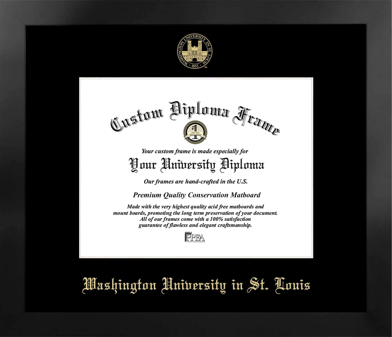Washington University in St. Louis 11w x 8.5h Manhattan Black Single Mat Gold Embossed Diploma Frame with Bonus Campus Images Lithograph (value savings at $59)